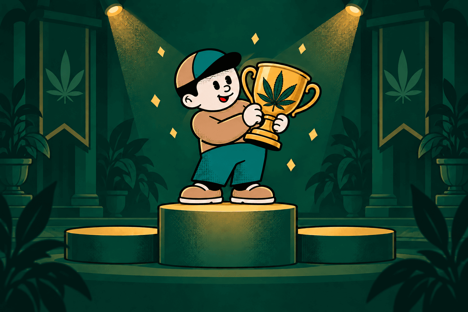 Sylvain présente un trophée doré orné d’une feuille de cannabis sur le podium de l’Arène.